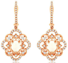 1.05CT DIAMOND & AAA OPAL 14KT ROSE GOLD 3D OVAL & ROUND FLOWER HANGING EARRINGS