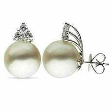 ESTATE LARGE .60CT DIAMOND & AAA SOUTH SEA PEARL 18KT WHITE GOLD FLOWER EARRINGS