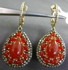 ESTATE .92CT DIAMOND & RED AGATE 14KT YELLOW GOLD 3D FILIGREE HANGING EARRINGS