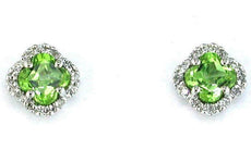 1.10CT DIAMOND & AAA PERIDOT 14KT WHITE GOLD 4 LEAF CLOVER FLOWER STUD EARRINGS