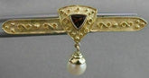 ESTATE TRILLION GARNET PEARL 14K YLW GOLD FILIGREE HANGING BAR PIN BROOCH #20844