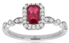 0.89CT DIAMOND & AAA RUBY 14KT WHITE GOLD 3D EMERALD CUT & ROUND ENGAGEMENT RING