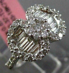 ESTATE 1.04CT ROUND BAGUETTE DIAMOND 18KT WHITE GOLD 3D DOUBLE HEART FLOWER RING
