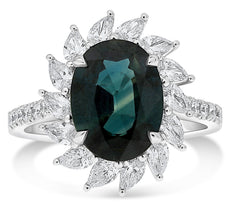 WIDE 4.45CT DIAMOND & AAA GREEN SAPPHIRE 18KT WHITE GOLD 3D OVAL ENGAGEMENT RING