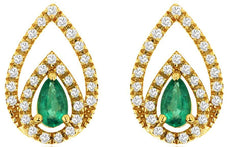 0.67CT DIAMOND & AAA EMERALD 14KT YELLOW GOLD 3D PEAR SHAPE & ROUND STUD EARRINGS