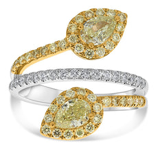 LARGE 1.54CT WHITE & FANCY YELLOW DIAMOND 14K 2 TONE GOLD PEAR SHAPE FLORAL RING