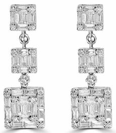 LARGE 1.81CT DIAMOND 18KT WHITE GOLD 3D ROUND & BAGUETTE SQUARE HANGING EARRINGS