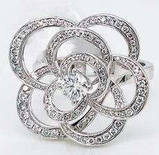 LARGE .85CT DIAMOND 18K WHITE GOLD MULTI LEAF SOLITAIRE FLOWER ENGAGEMENT RING