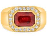 LARGE 3.29CT DIAMOND & RUBY 14KT YELLOW GOLD 3D EMERALD CUT SOLITAIRE MEN'S RING