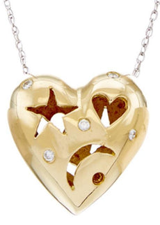 .05CT DIAMOND 14K YELLOW GOLD 3D ETOILE PUFF HEART MOON & STAR FLOATING NECKLACE