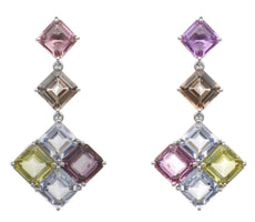 24.82CT AAA MULTI COLOR SAPPHIRE 18KT WHITE GOLD 3D EMERALD CUT HANGING EARRINGS