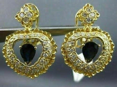 LARGE 2.45CT DIAMOND & AAA SAPPHIRE 14KT YELLOW GOLD HEART HALO HANGING EARRINGS