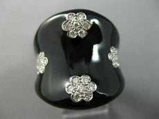 ESTATE LARGE .55CT DIAMOND & AAA BLACK ENAMEL 14KT WHITE GOLD MULTI FLOWER RING