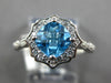 ESTATE 1.45CT DIAMOND & AAA BLUE TOPAZ 14KT WHITE GOLD FLOWER FILIGREE FUN RING