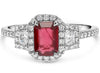 1.53CT DIAMOND & AAA RUBY PLATINUM EMERALD CUT 3D 3 STONE HALO ENGAGEMENT RING