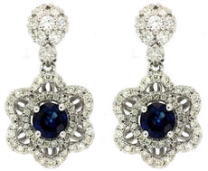 LARGE 2.10CT DIAMOND & AAA SAPPHIRE 14KT WHITE GOLD FLOWER FUN HANGING EARRINGS
