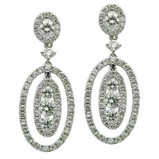 ESTATE 1.20CT DIAMOND 18KT WHITE GOLD PAST PRESENT FUTURE OVAL HANGING EARRINGS