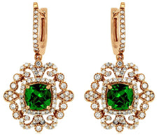 2.8CT DIAMOND & AAA GREEN GARNET 14KT ROSE GOLD CUSHION & ROUND HANGING EARRINGS