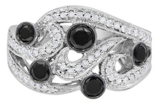 .91CT WHITE & BLACK DIAMOND 14KT WHITE GOLD ETOILE MULTI LEAF OPEN FILIGREE RING
