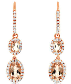 1.45CT DIAMOND & AAA MORGANITE 14KT ROSE GOLD 3D OVAL & ROUND HANGING EARRINGS