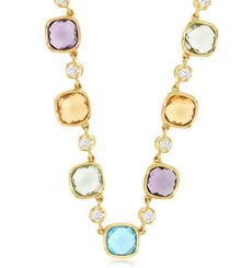 5.21CT DIAMOND & AAA MULTI GEM 14KT YELLOW GOLD 3D CUSHION & ROUND LOVE NECKLACE