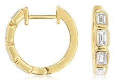 .85CT DIAMOND 14KT YELLOW GOLD 3D EMERALD CUT 5 STONE BEZEL HUGGIE HOOP EARRINGS