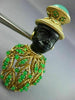 ESTATE LARGE AAA EMERALD & GREEN CARNELIAN 14KT YELLOW GOLD 3D LADY EBONY BROOCH