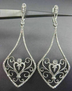 ESTATE LARGE 1.30CT DIAMOND 14KT WHITE GOLD 3D HEART FILIGREE HANGING EARRINGS