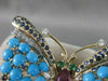 ANTIQUE LARGE DIAMOND RUBY SAPPHIRE TURQUOISE 14K W&Y GOLD BUTTERFLY PIN #2187