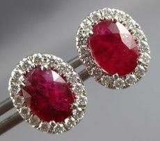 LARGE 3.92CT DIAMOND & AAA RUBY 18KT WHITE GOLD OVAL & ROUND HALO STUD EARRINGS