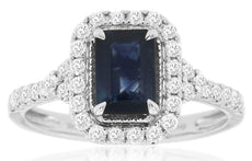 1.55CT DIAMOND & AAA SAPPHIRE 14K WHITE GOLD EMERALD CUT & ROUND ENGAGEMENT RING