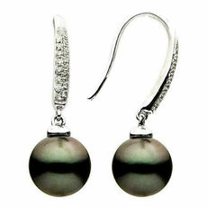 ESTATE .12CT DIAMOND & AAA TAHITIAN PEARL 18KT WHITE GOLD 3D LEVEBACK EARRINGS
