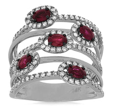 LARGE 1.65CT DIAMOND AAA RUBY 14KT WHITE & BLACK GOLD OVAL MULTI ROW FLORAL RING