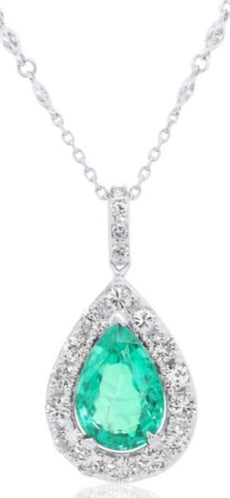 6.51CT DIAMOND & AAA EMERALD 18KT WHITE GOLD 3D PEAR SHAPE & ROUND LOVE NECKLACE
