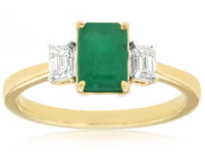 1.28CT DIAMOND & AAA EMERALD 14K 2 TONE GOLD 3 STONE EMERALD CUT ENGAGEMENT RING