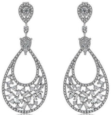 1.63CT DIAMOND 14KT WHITE GOLD 3D CLUSTER TEAR DROP FILIGREE HANGING EARRINGS