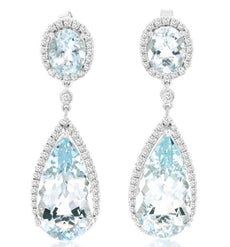 LARGE 12.75CT DIAMOND & AAA AQUAMARINE 14K WHITE GOLD TEAR DROP HANGING EARRINGS