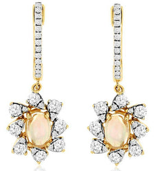 1.22CT DIAMOND & AAA OPAL 14KT YELLOW GOLD ROUND & OVAL FLOWER HANGING EARRINGS