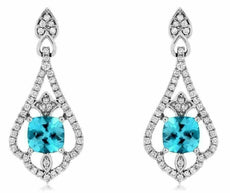 ESTATE 1.78CT DIAMOND & AAA BLUE TOPAZ 14K WHITE GOLD TEAR DROP HANGING EARRINGS