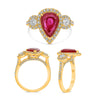 LARGE GIA 2.61CT DIAMOND & AAA RUBY 14KT YELLOW GOLD 3D PEAR SHAPE 3 STONE RING