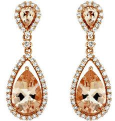 LARGE 2.99CT DIAMOND & AAA MORGANITE 14KT ROSE GOLD PEAR SHAPE HANGING EARRINGS