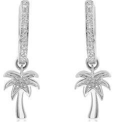 ESTATE .02CT DIAMOND 14KT WHITE GOLD 3D PALMTREE FUN HANGING EARRINGS