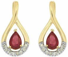 ESTATE 1.02CT DIAMOND & AAA RUBY 14KT YELLOW GOLD 3D PEAR SHAPE HANGING EARRINGS