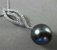 ESTATE .18CT DIAMOND 14KT WHITE GOLD 3D AAA TAHITIAN PEARL LEAF FLOATING PENDANT