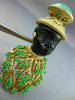 ESTATE LARGE AAA EMERALD & GREEN CARNELIAN 14KT YELLOW GOLD 3D LADY EBONY BROOCH