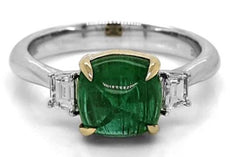 2.13CT DIAMOND & AAA CABOCHON EMERALD 18KT TWO TONE GOLD SQUARE ENGAGEMENT RING