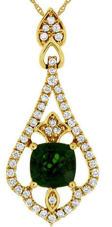 1.29CT DIAMOND & AAA RUSSALITE 14KT YELLOW GOLD CUSHION & ROUND FLOATING PENDANT
