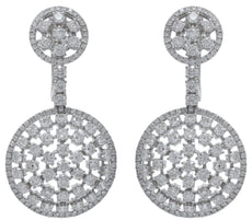 4.0CT DIAMOND 18KT WHITE GOLD 3D ROUND CLUSTER FLOWER CIRCULAR HANGING EARRINGS