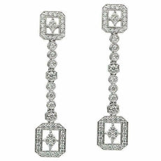 ESTATE .91CT DIAMOND 18KT WHITE GOLD 3D FILIGREE SQUARE & ROUND HANGING EARRINGS