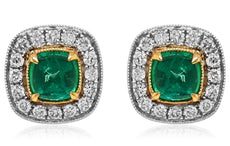 LARGE 2.03CT DIAMOND & AAA EMERALD 18KT 2 TONE GOLD SQUARE & ROUND STUD EARRINGS